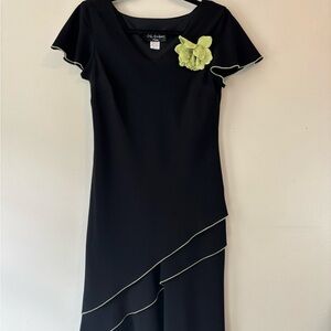Deadstock Y2K Black Ruffle Formal Asymmetrical Midi Dress Flower Pin - Small Med